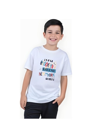 Panios Kids Brooklyn Strong Baskılı Erkek Çocuk Kısa Kollu T-shirt Beyaz