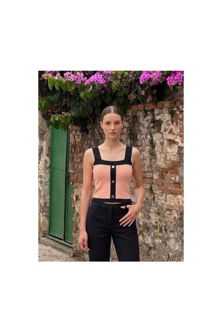 Onno Style Women Kolsuz Askılı Düğme Detaylı Kadın Triko Bluz Somon