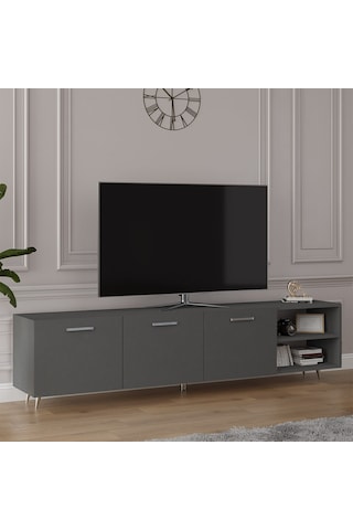 Asra Trend Tv Ünitesi T-21 %100 MDF 200 cm Büyük Boy Tv Sehpası Dolaplı Raflı Koyu Gri