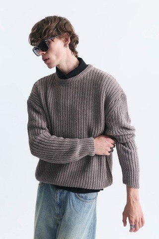 Vamos Oversize Basic Triko Kazak Bej Melanj