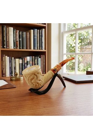 El Oyması Lületaşı Ejderha Figürlü Koleksiyonluk Pipo Usta İmzalı Blok Taş Meerschaum