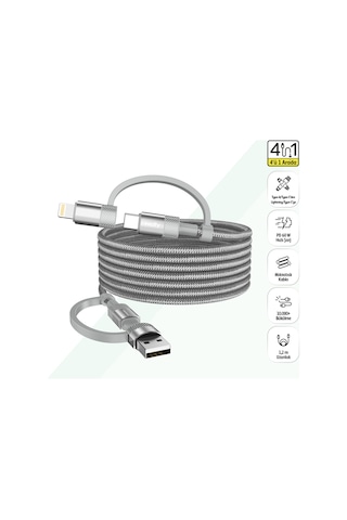 Hızlı Şarj Kablosu 4 İn 1 Usb-a/c To Type-c/lightning, 60w, 1.2m, Manyetik Gri-v0201008