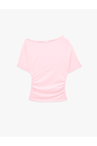 Koton Slim Fit Drape Detaylı Omzu Açık Kayık Yaka Tişört Pembe 6sak50414ek Gül