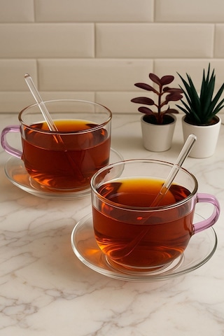 Qerhome 6'lı Borosilikat Cam Tabaklı Ve Kaşıklı Sof Elegance Çay Ve Kahve Kupası 330 Ml Şeffaf