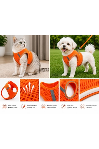 Nefes Alan Kumaş Air Mesh Kedi Köpek Göğüs Tasması X Small 32x36 Cm Turuncu