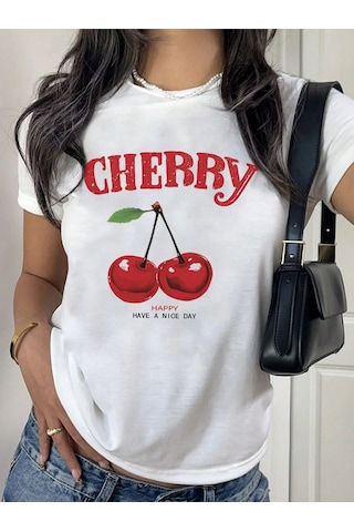 Cherry Happy Baskılı Beyaz Tshirt Anne Kız Kombin - Oversize Bisiklet Yaka Tişört Lacivert-beyaz-279110