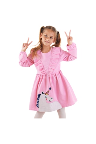 Denokids Simli Unicorn Kız Çocuk Pembe Elbise Çok Renkli