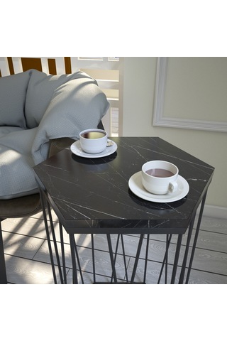 Cetrus Siyah Mermer Yan Sehpa & Servis Sehpası Metal Royal