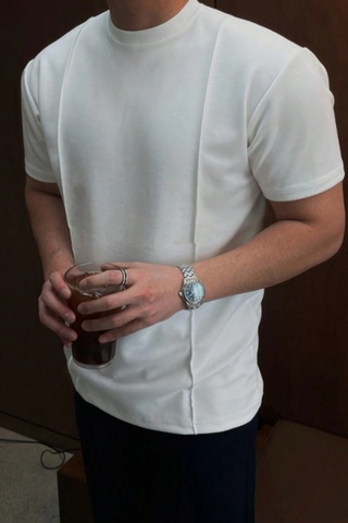 Erkek Çizgi Detaylı Slim Fit Tişört Bisiklet Yaka Casual Pamuklu T-shirt Beyaz