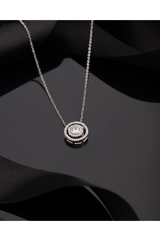 925 Ayar Rodyum Zirkon Taşlı Yuvarlak Anturaj Hareketli Ayarlanabilir Gümüş Kolye Rzn10320 Gümüş