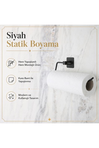Lexroo Siyah Kare Kağıt Havluluk, Yapışkanlı Ve Vidalı Montajlı Duvara Monte Rulo Havlu Askısı