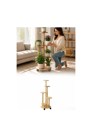 Ahşap 5 Katlı Tekerlekli Çiçeklik Saksılık Dekoratif Daire Model Bitki Rafı
