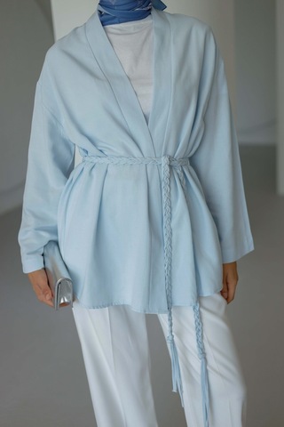 Moonsc Keten Kimono Kemerli Mavi