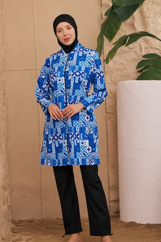 Hmm Swimwear Paraşüt Tam Kapalı Tesettür Mayo Desenli Dokuma 2224-189 Siyah
