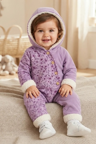Tuffy Kids Kız Bebek Lila Çiçekli Kapüşonlu Düğmeli Tulum Lila-ekru