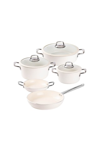 Deluxe Krem Seramik 8 Parça Tencere Seti