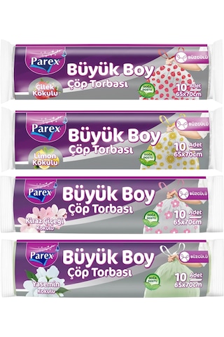 Büyük Boy Büzgülü Çöp Torbası Paketi Çilek, Limon, Yasemin Ve Kiraz Çiçeği Kokulu