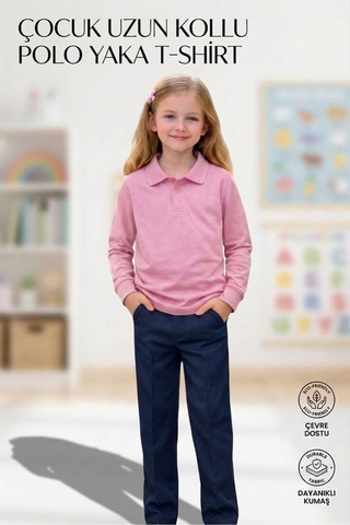 Erdem Kıds Unisex Kız Erkek Çocuk Polo Yaka Pamuklu Uzun Kol Pudra-toz Pembe Günlük Basic Okul Tişört Pembe Pembe
