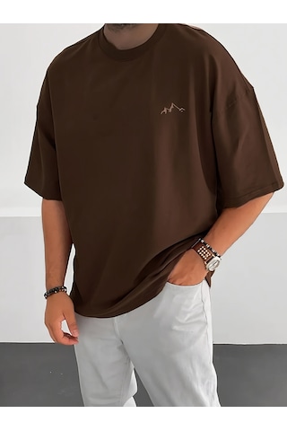 Unisex Dağ Baskılı Oversize Tshirt Kahverengi