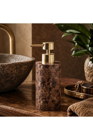 The Voguemaxima Mermer Görünümlü Sıvı Sabunluk Kahverengi Gold Pompalı 7x19 Cm