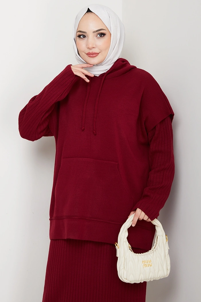Bestenur Kapüşonlu Tunik Elbise Triko Takım 1645 - Bordo Bordo