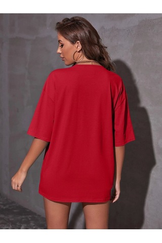 Flood Of Style Kadın Kırmızı Mıamı Baskılı Oversize Bisiklet Yaka Tshirt