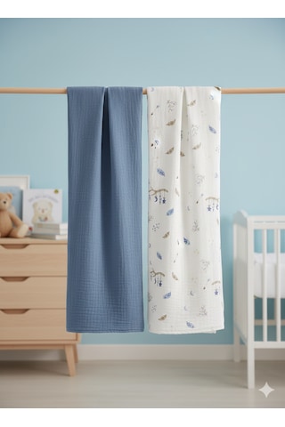 Organik Müslin Bebek Battaniyesi İkili Set Mavi
