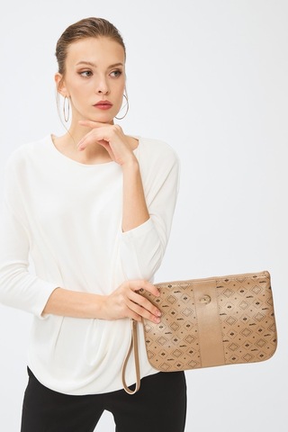 Deri Company Kadın Basic Clutch Çanta Monogram Desenli Şeritli Logolu Altın 214002 Altın - Siyah