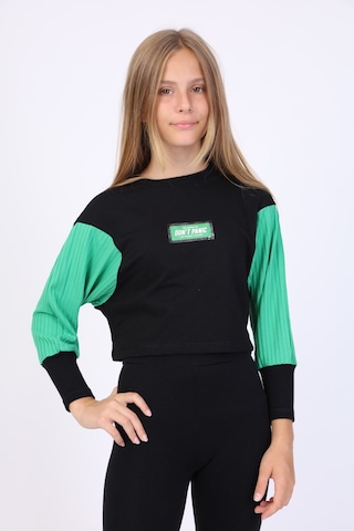 Kız Çocuk Relax Fit Bisiklet Yaka Düşük Omuz Baskılı Crop Sweatshirt - Renk Bloklu & 2 İplik Siyah