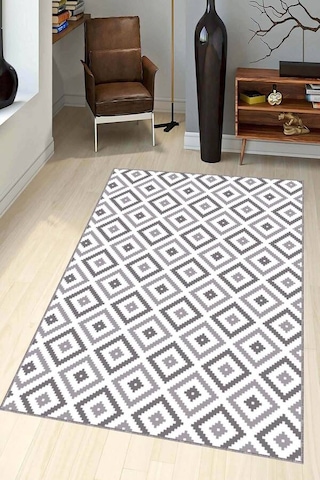 Koyu Gri Karo Kaymaz Taban Makinede Yıkanabilir Halı Kr002n11