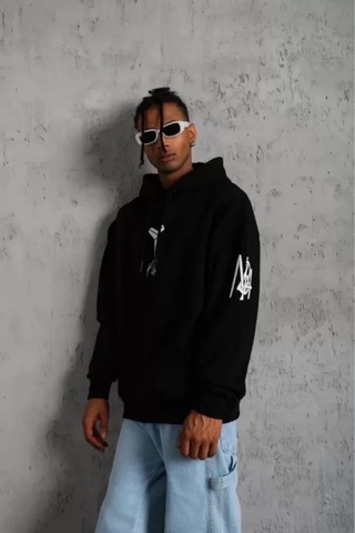 Vexor Unisex Sırt Baskılı Kapüşonlu Üç İplik Oversize Sweatshirt - Siyah