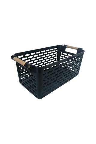 4 Adet Ahşap Renk Plastik Saplı Organizer Sepet Düzenleyici Siyah Plastik Siyah Renkli