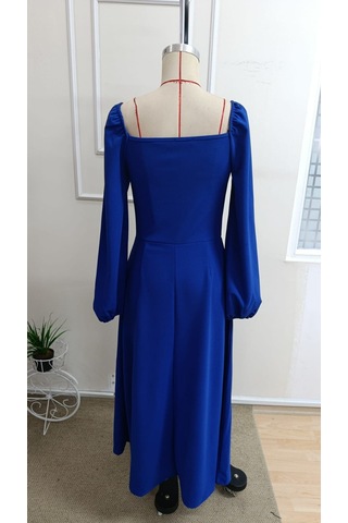 Bhrwear Kadın Uzun Kollu Kalp Yakalı Yırtmaçlı Uzun Ithal Krep Elbise Renkli