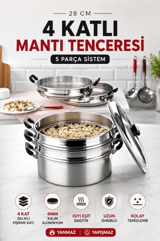 Buharlı Alüminyum Mantı Tenceresi 28 Cm 4 Katlı Özbek Kazak Mantı Pişirme Tenceresi Gri