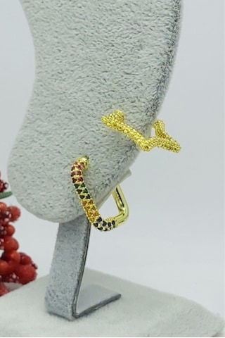 Caisyabutik Altın Kaplama Özel Seri Renkli Taşlı 2 Li Kombin Çelik Kıkırdak Altın