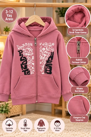Üç Gül Ticaret Kız Çocuk 3-12 Yaş Kapüşonlu Fermuarlı Sweatshirt İçi Şardonlu Pembe