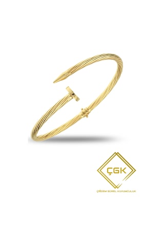 Taşlı Çivi Altın Kaburga Kelepçe Bilezik