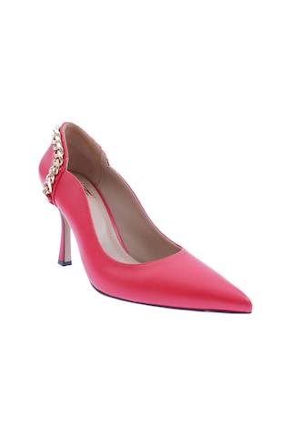 Dgn M4056 Kadın Zincir Detaylı Sivri Burun Parmak Dekolteli Topuklu Ayakkabı M4056-1748-R0766 Kırmızı