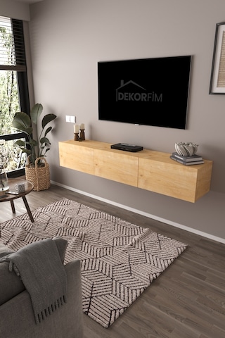 Df17103 Dolaplı Duvara Monte Tv Ünitesi 180 Cm Modern Askılı Dekoratif Stil Tv Sehpası Safir Meşe