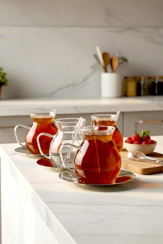 Keyf-i Ala 18 Parçametal Altlıklı Cam Kaşıklı Çay Bardağı Seti 200 Ml Beyaz