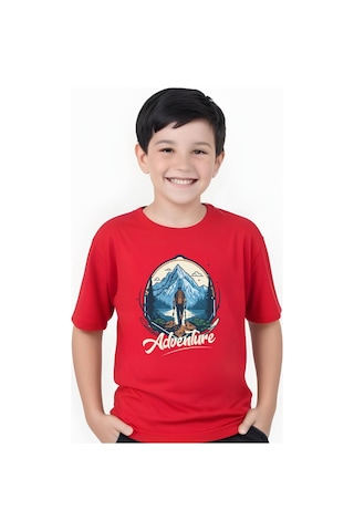 Panios Kids Adventure Baskılı Erkek Çocuk Yuvarlak Yaka Kısa Kollu T-shirt Kırmızı