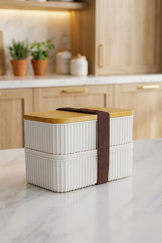 Makri Home Bambu Kapaklı 2'li Saklama Kabı Seti 0,5+0,5 Litre Üst Üste Konabilir 15x9x10 Cm Beyaz