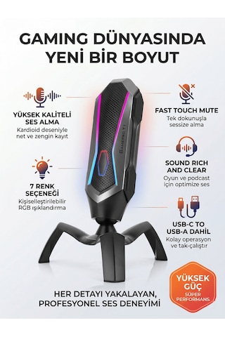 Podcast Yayıncı Mikrofonu Tak Çalıştır 7 Renk Rgb Işıklı Gürültü Engelleyici Kardioid Alıcı Mikrofon