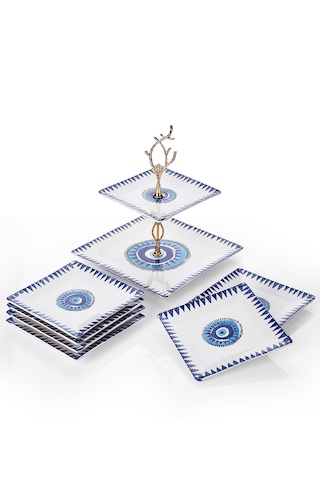 Piatti Naturali İkram Seti Nazar Çift Katlı Sunum Tabağı & 6 Lı Tatlı Tabağı