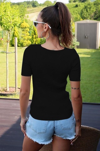 Aqe Fashion V Yaka Kısa Kol Siyah Bluz Siyah