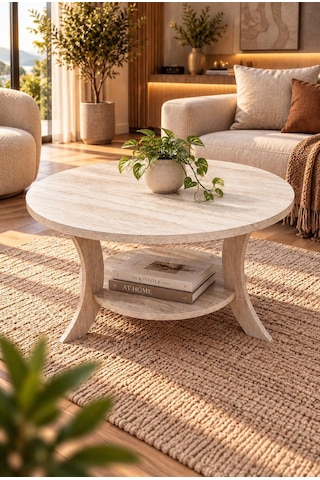 Orta Sehpa Traverten Desen Yuvarlak 75 Cm Çap - Mdf Ayak 46 Cm Yükseklik Modern Orta Sehpa Traverten