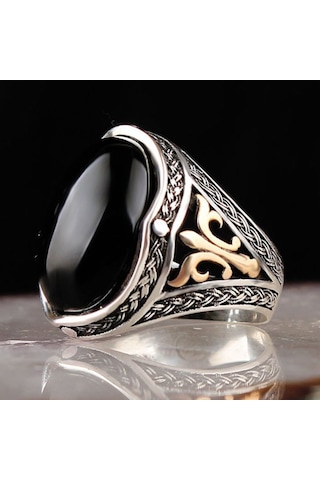 Oval Siyah Oniks Taşlı Gümüş Erkek Yüzük