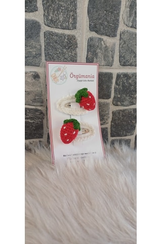 Örgümania Çilekli Çıtçıt Toka Çilek Toka El Örgüsü Toka Beyaz - Kırmızı