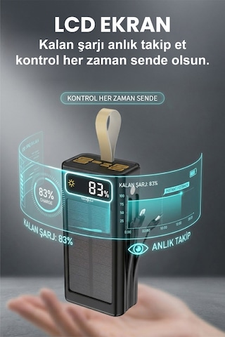 30.000 Mah Powerbank Güneş Enerjili Solar Hızlı Şarj Göstergeli El Fenerli Taşınabilir Batarya 22.5w Siyah