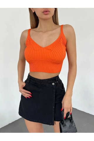 V Yaka Askılı Crop Triko Büstiyer Turuncu - Df2202 Çok Renkli